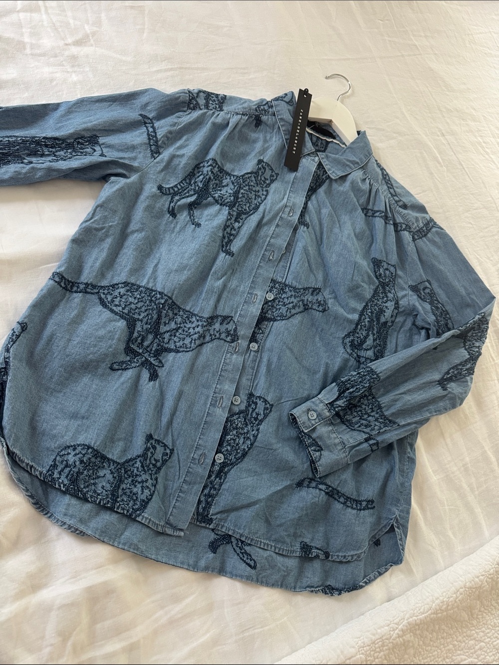 Jane and Delancey Blue Denim Button-Down Shirt with Leopard Print